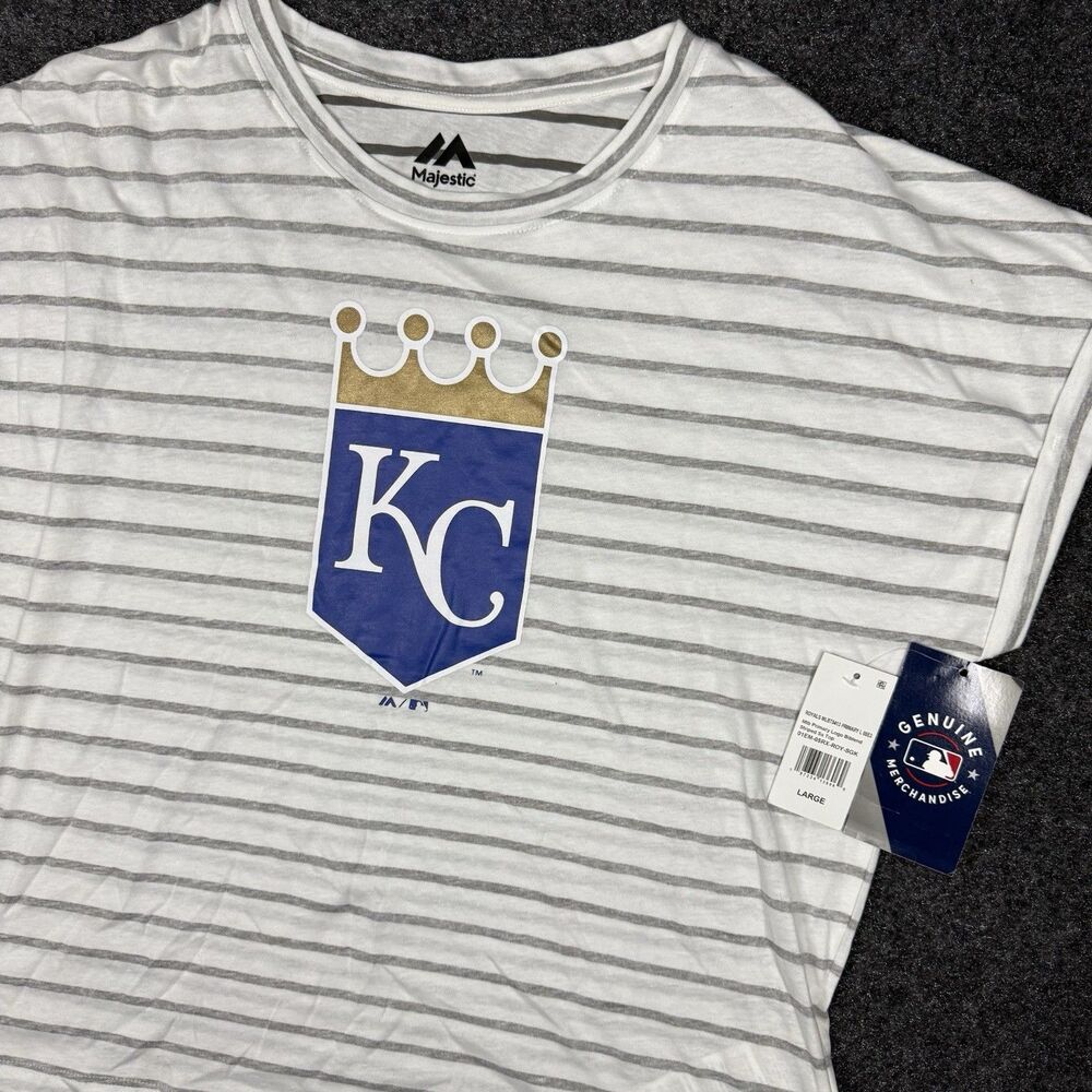 NWT Majestic Kansas City Royals Women’s Large Shirt White Gray Cuffed Sleeves